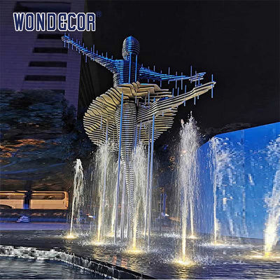 Large stainless steel character shaped outdoor sculpture in the park