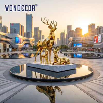 Large Gold‑Plated Stainless Steel Geometric Faceted Deer Family Sculpture for Shopping Mall Festival Outdoor Landscape