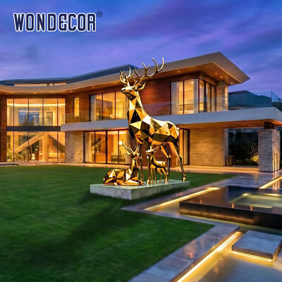 Large Gold‑Plated Stainless Steel Geometric Faceted Deer Family Sculpture for Shopping Mall Festival Outdoor Landscape
